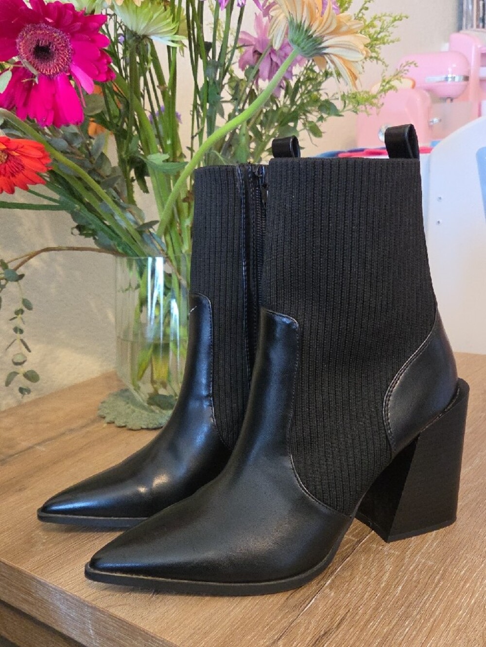 Wild Pair Black Pointed Toe Block Heel Sock Ankle Boots